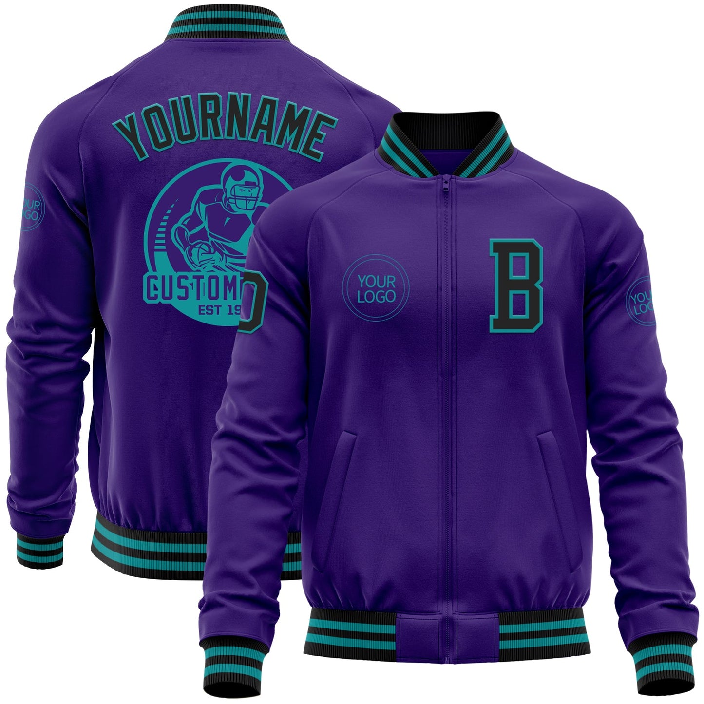 Custom Purple Black-Teal Bomber Varsity Letterman Zipper Jacket - Main View