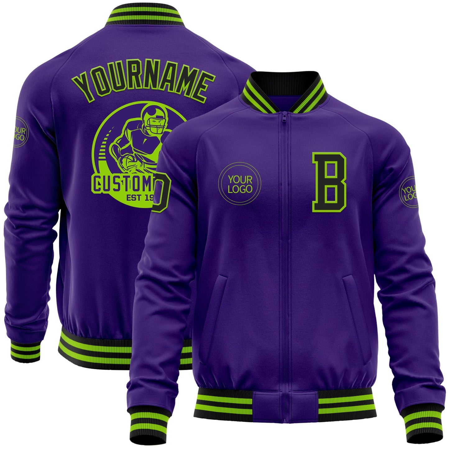 Custom Purple Black-Neon Green Bomber Varsity Letterman Zipper Jacket - Main View