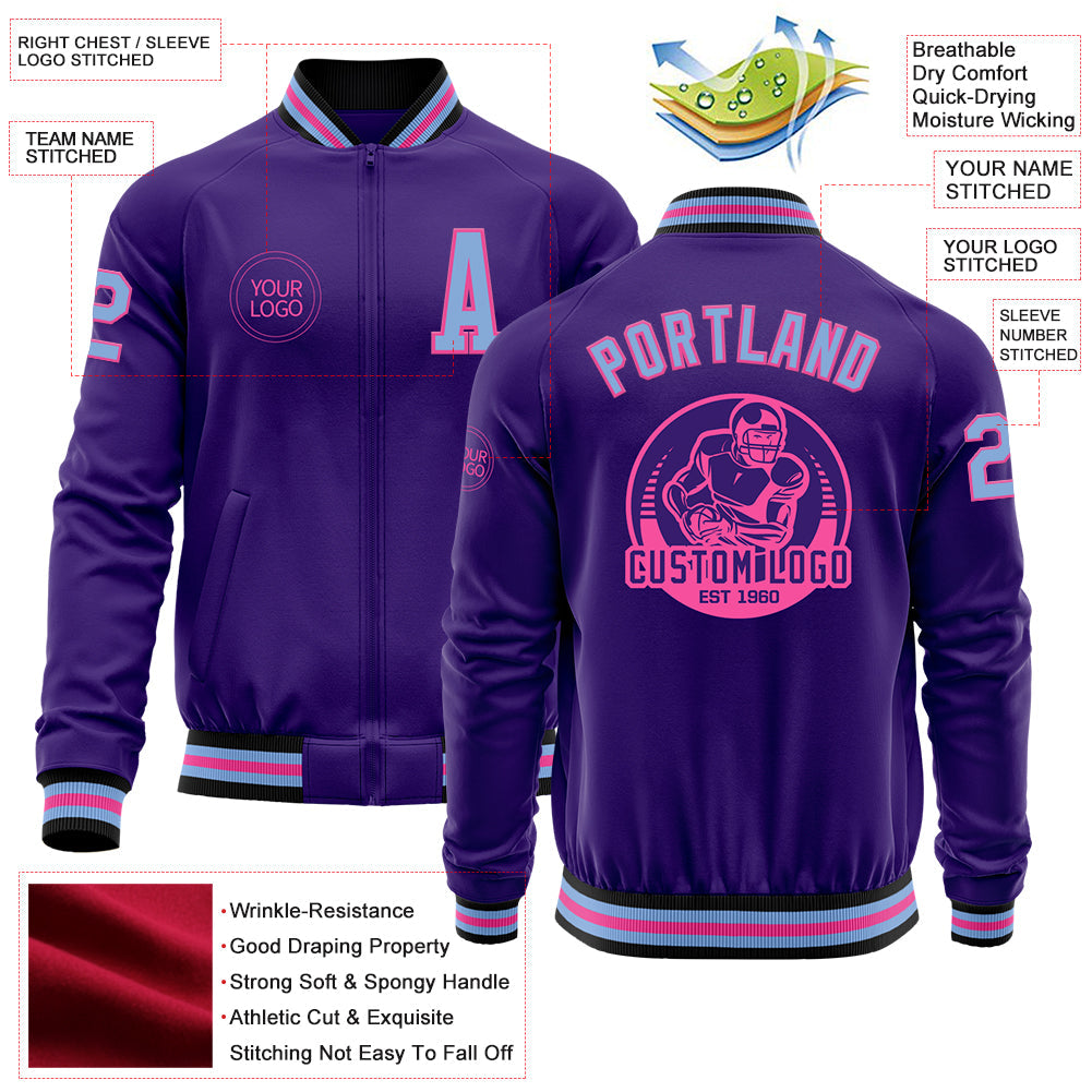 Custom Purple Light Blue Pink-Black Bomber Varsity Letterman Zipper Jacket view 4
