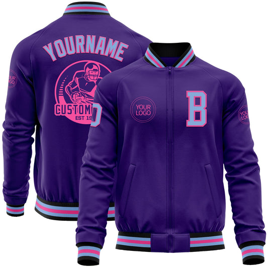 Custom Purple Light Blue Pink-Black Bomber Varsity Letterman Zipper Jacket - Main View