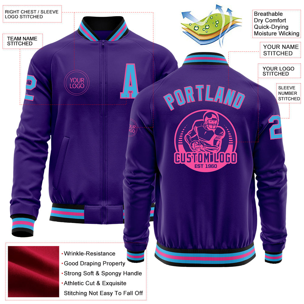 Custom Purple Sky Blue Pink-Black Bomber Varsity Letterman Zipper Jacket view 4