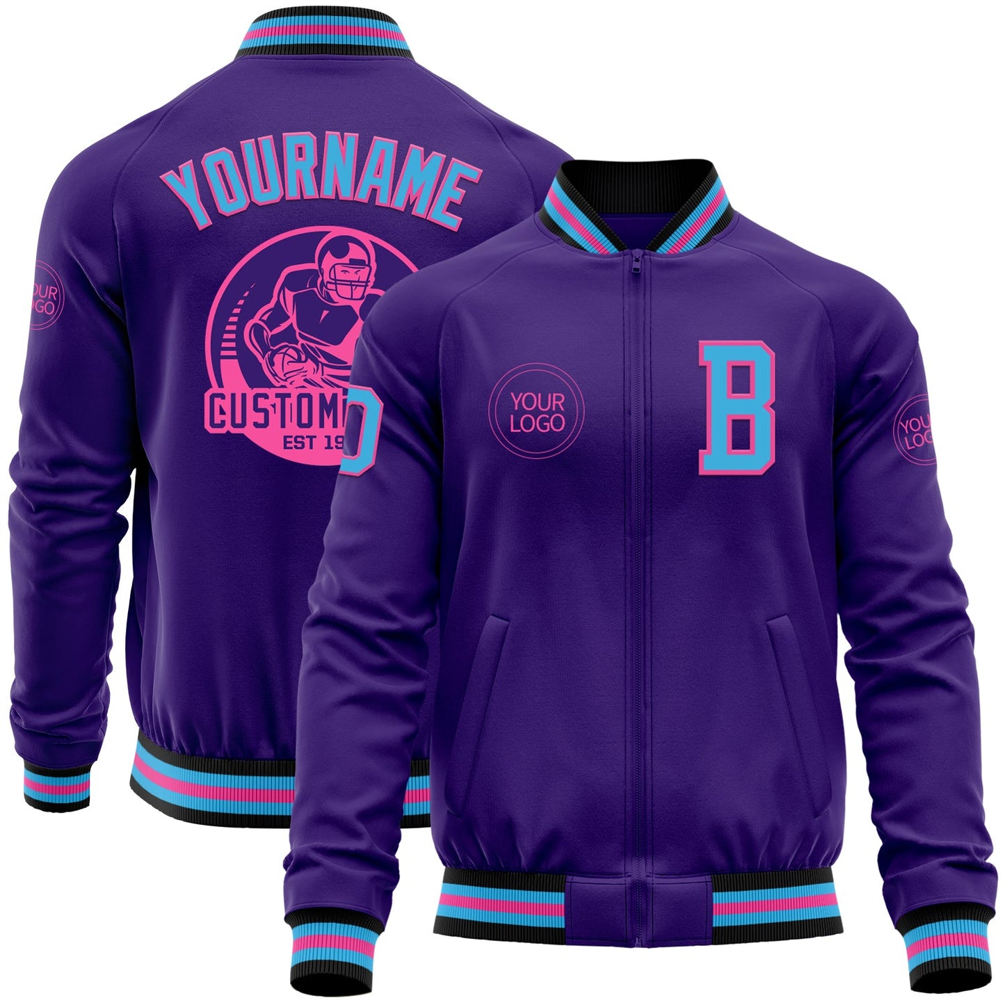 Custom Purple Sky Blue Pink-Black Bomber Varsity Letterman Zipper Jacket - Main View