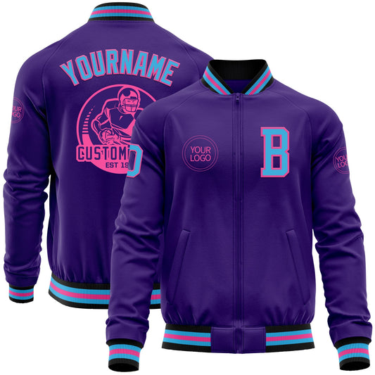 Custom Purple Sky Blue Pink-Black Bomber Varsity Letterman Zipper Jacket - Main View