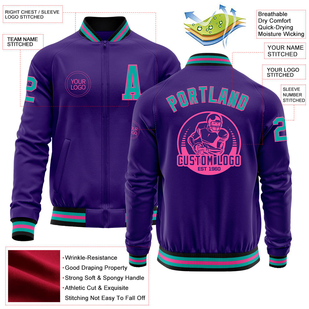 Custom Purple Aqua Pink-Black Bomber Varsity Letterman Zipper Jacket view 4