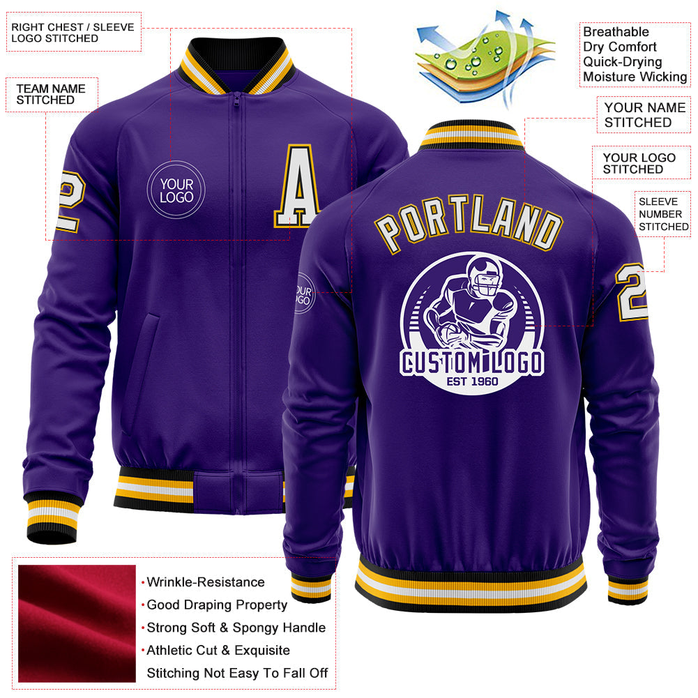 Custom Purple Black-Gold Bomber Varsity Letterman Zipper Jacket view 4