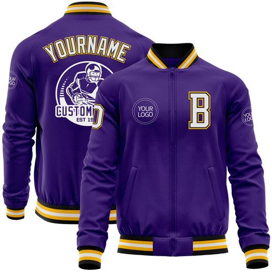 Custom Purple Black-Gold Bomber Varsity Letterman Zipper Jacket - Main View