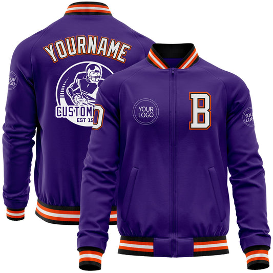 Custom Purple Black-Orange Bomber Varsity Letterman Zipper Jacket - Main View