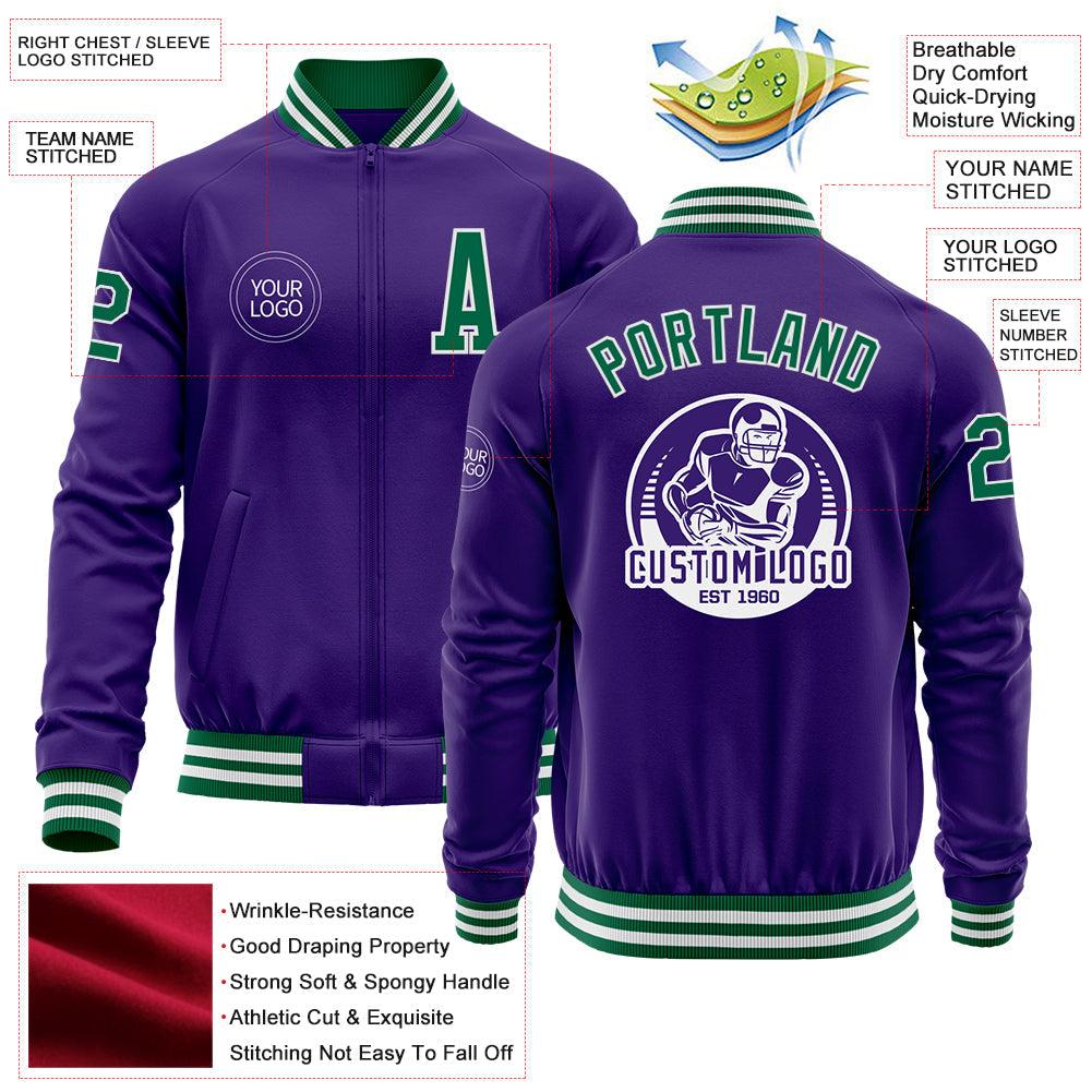 Custom Purple Kelly Green-White Bomber Varsity Letterman Zipper Jacket view 4