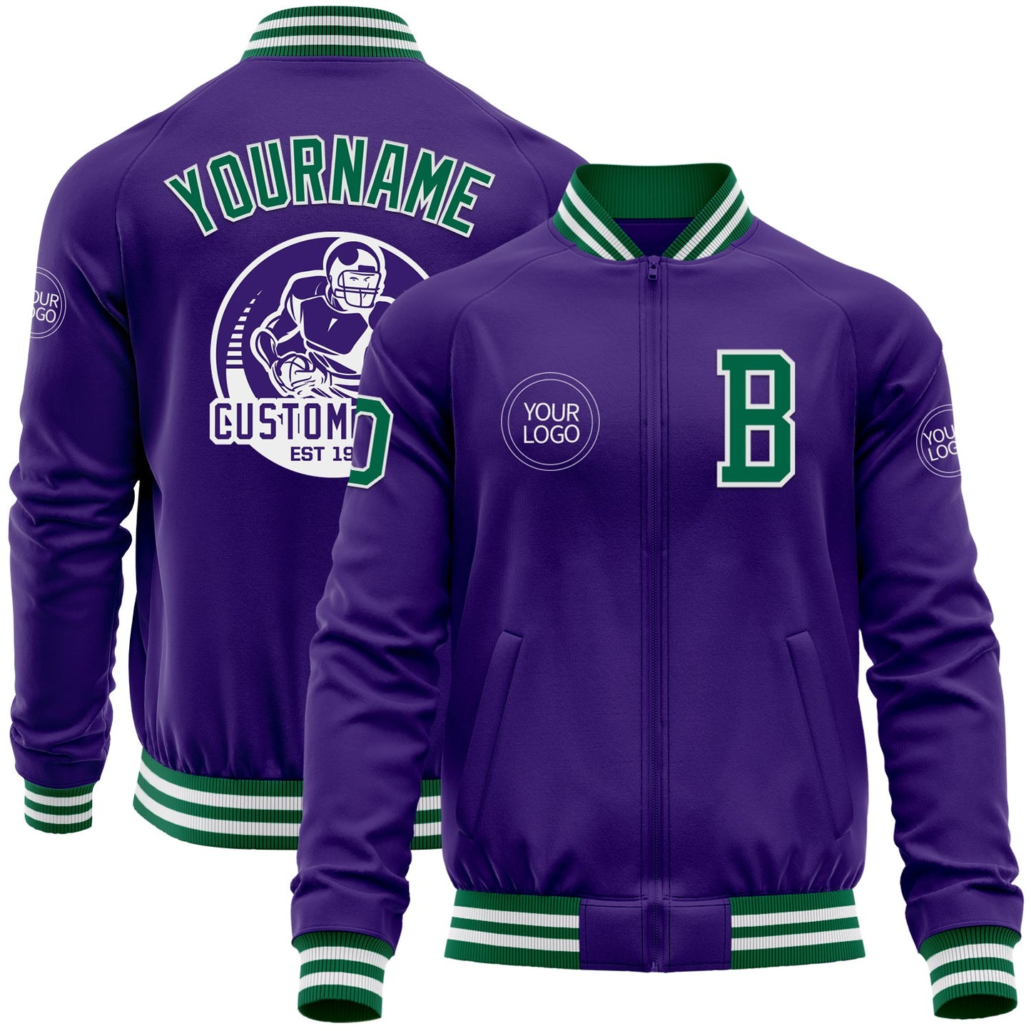Custom Purple Kelly Green-White Bomber Varsity Letterman Zipper Jacket - Main View