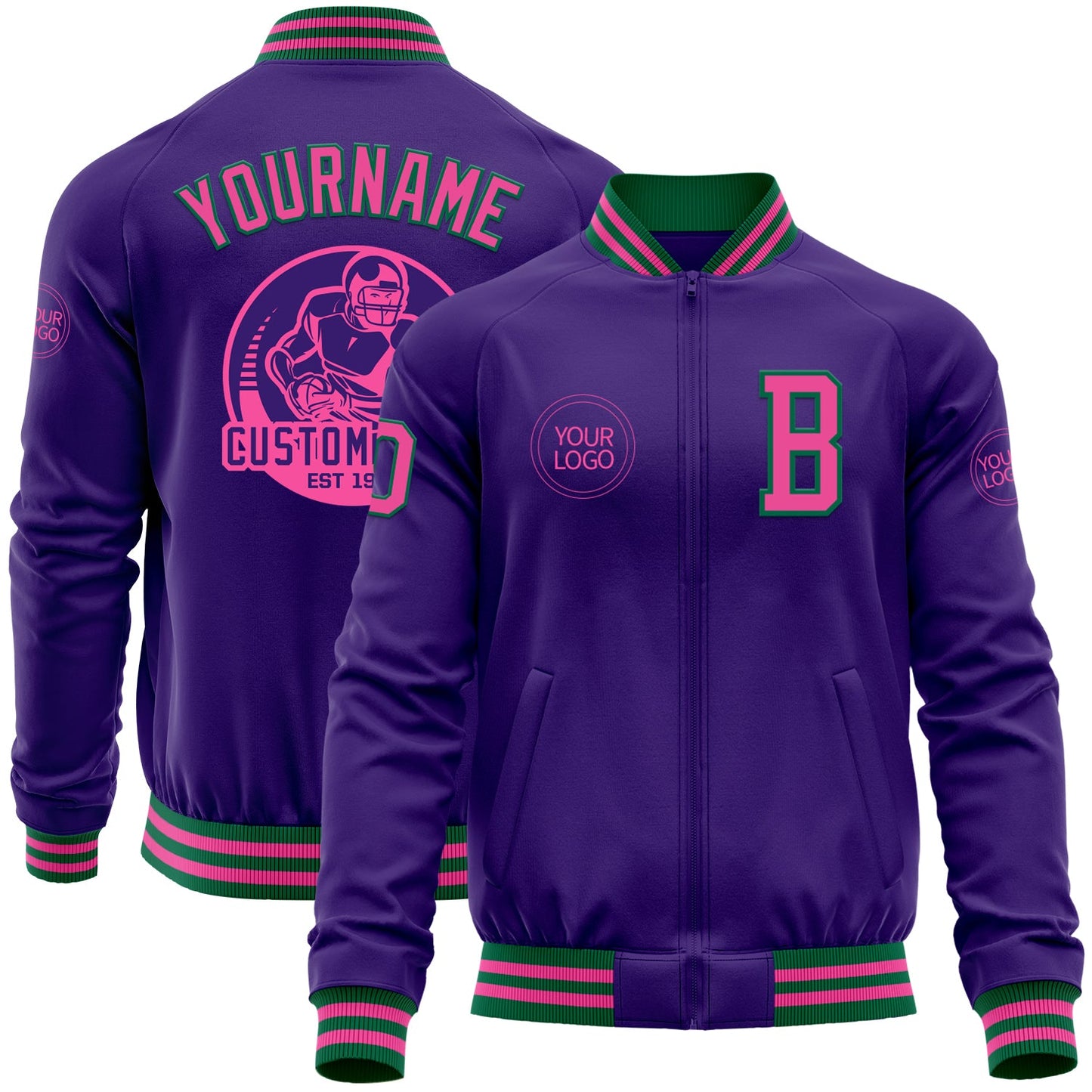 Custom Purple Pink-Kelly Green Bomber Varsity Letterman Zipper Jacket - Main View