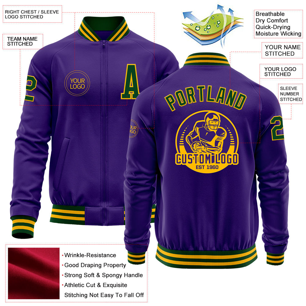 Custom Purple Green-Gold Bomber Varsity Letterman Zipper Jacket view 4