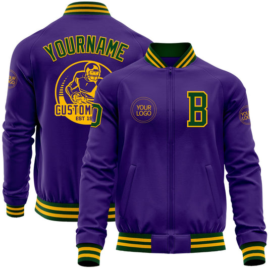 Custom Purple Green-Gold Bomber Varsity Letterman Zipper Jacket - Main View
