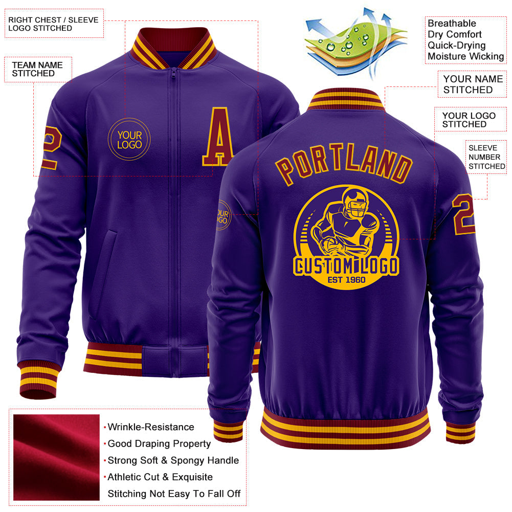 Custom Purple Crimson-Gold Bomber Varsity Letterman Zipper Jacket view 4