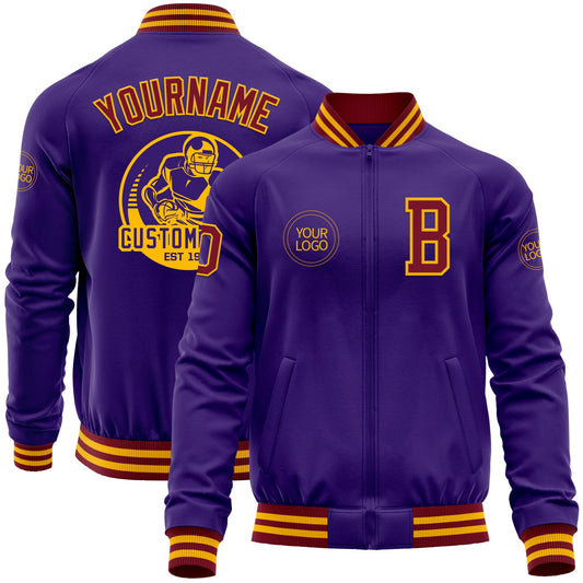 Custom Purple Crimson-Gold Bomber Varsity Letterman Zipper Jacket - Main View