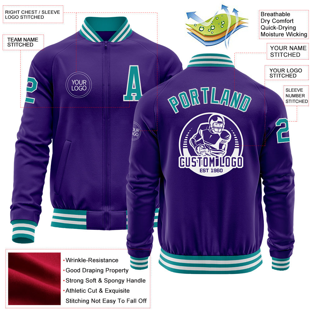 Custom Purple Teal-White Bomber Varsity Letterman Zipper Jacket view 4