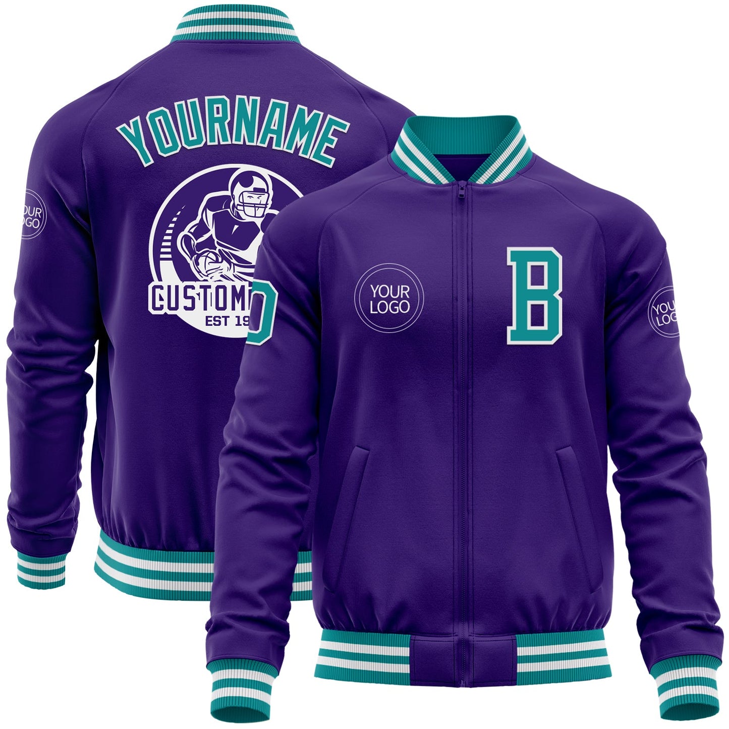 Custom Purple Teal-White Bomber Varsity Letterman Zipper Jacket - Main View