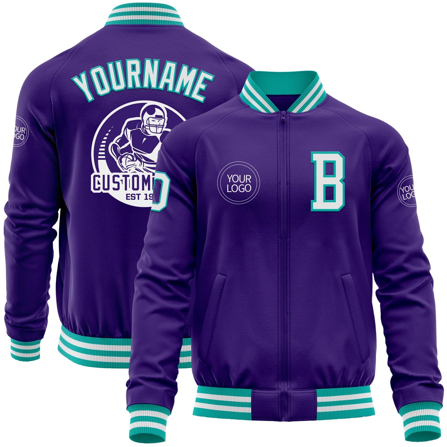 Custom Purple White-Aqua Bomber Varsity Letterman Zipper Jacket - Main View