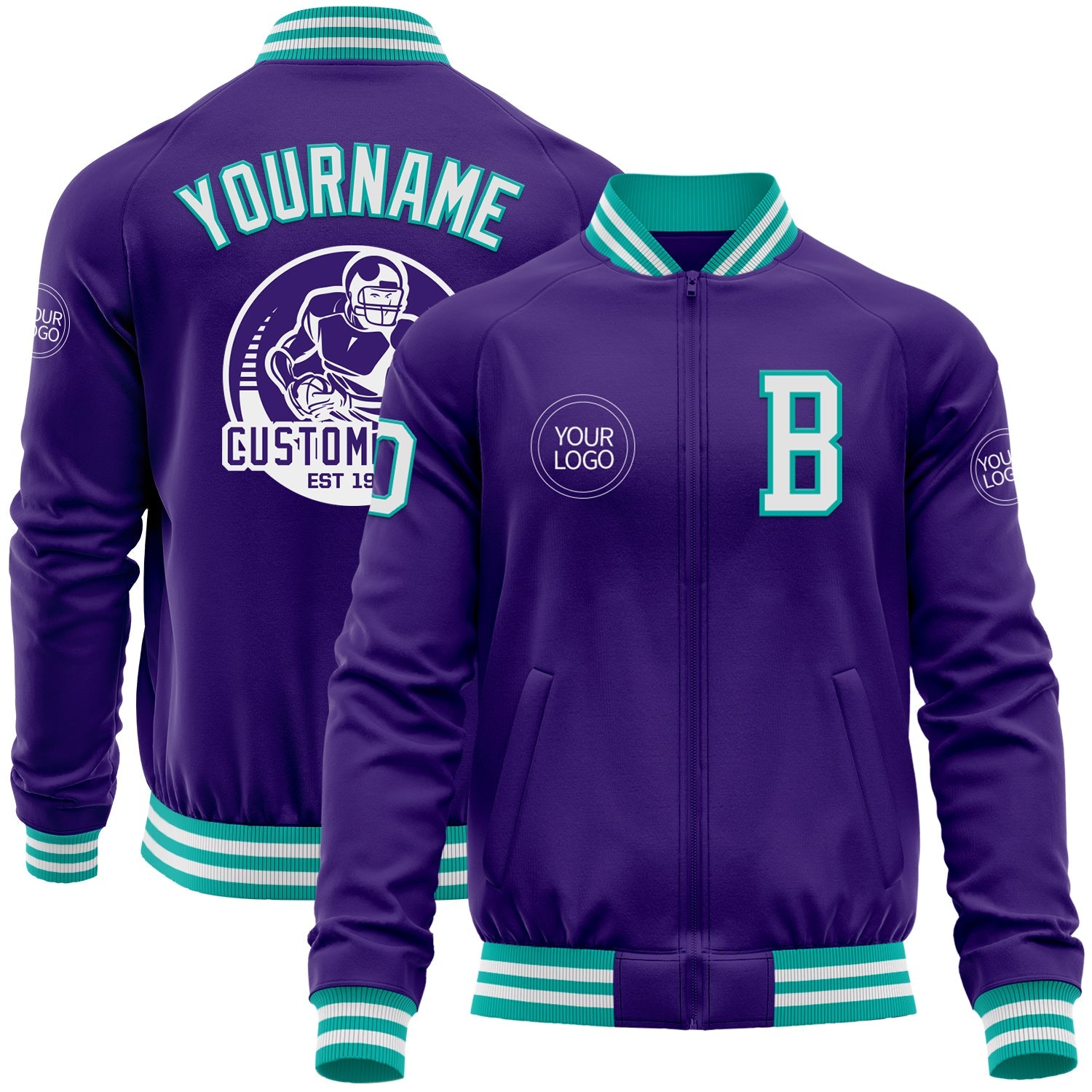 Custom Purple White-Aqua Bomber Varsity Letterman Zipper Jacket - Main View