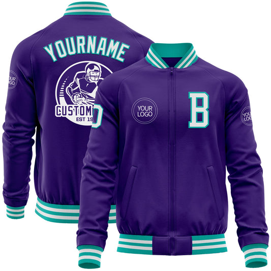 Custom Purple White-Aqua Bomber Varsity Letterman Zipper Jacket - Main View
