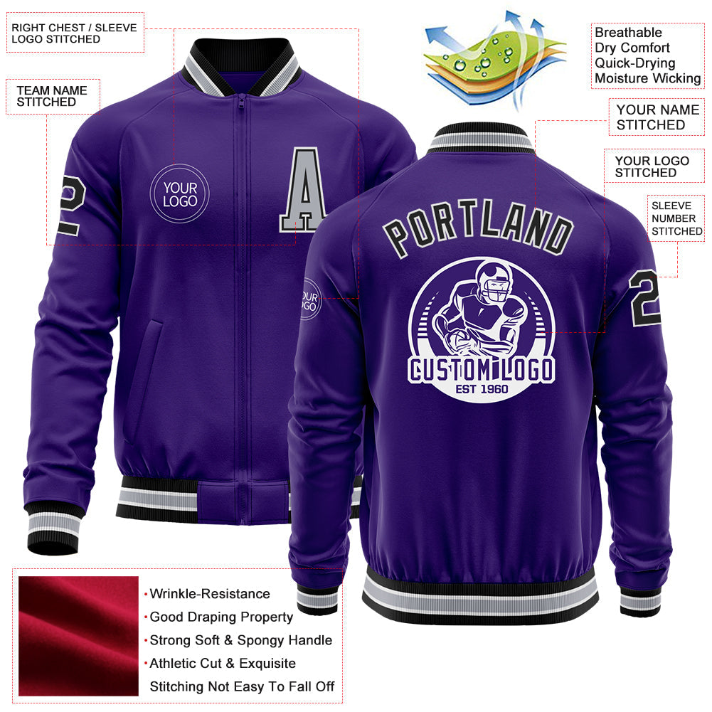 Custom Purple Black-Gray Bomber Varsity Letterman Zipper Jacket view 4