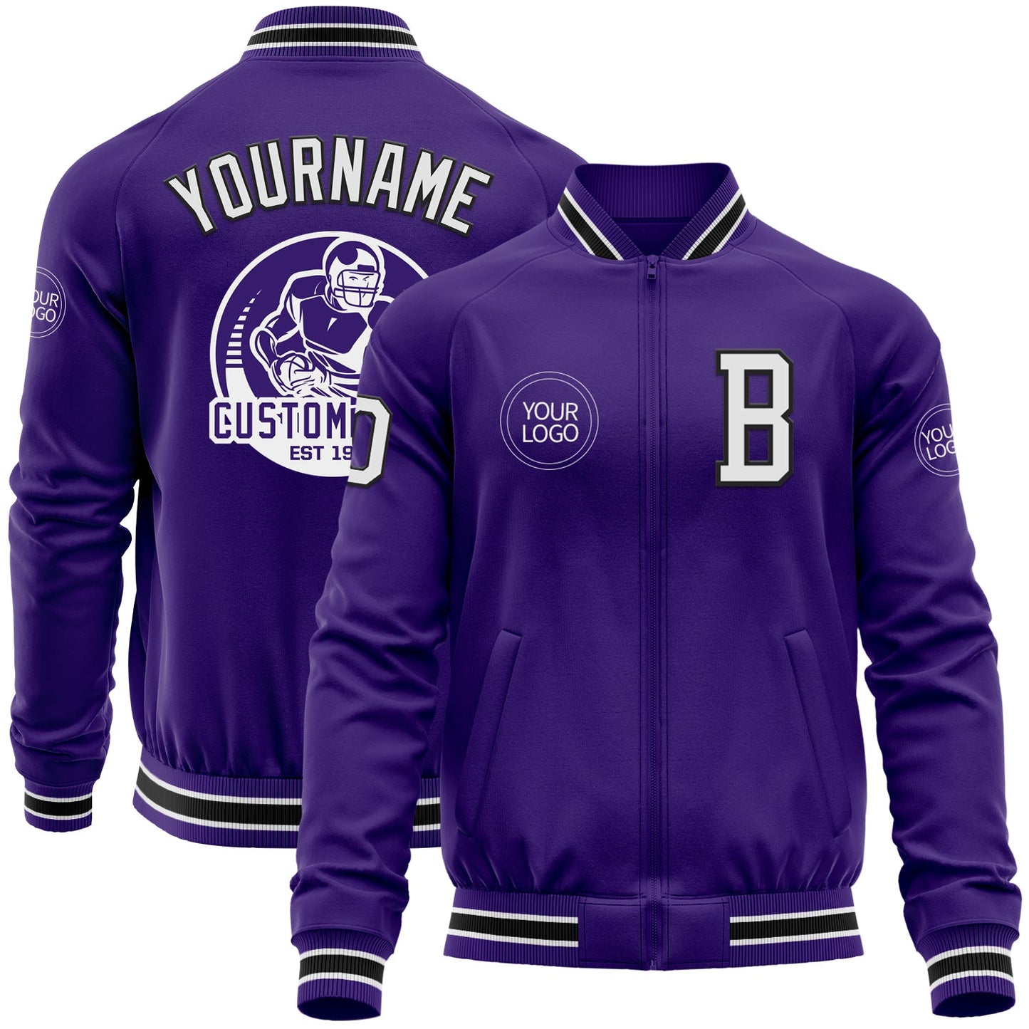 Custom Purple White-Black Bomber Varsity Letterman Zipper Jacket - Main View