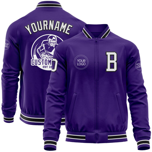 Custom Purple White-Black Bomber Varsity Letterman Zipper Jacket - Main View