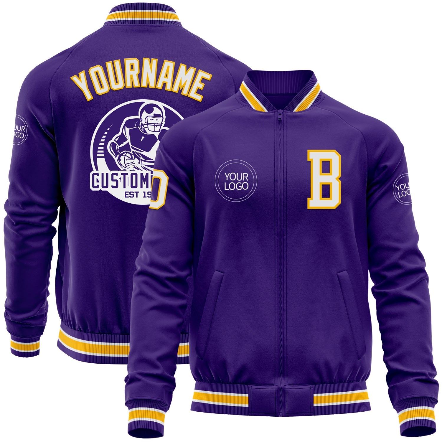 Custom Purple White-Gold Bomber Varsity Letterman Zipper Jacket - Main View