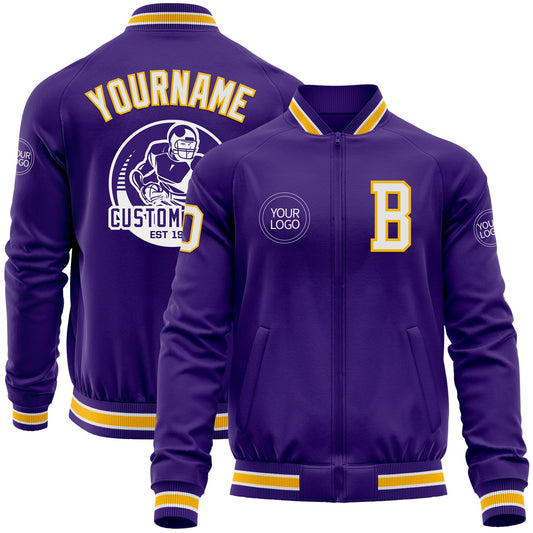 Custom Purple White-Gold Bomber Varsity Letterman Zipper Jacket - Main View