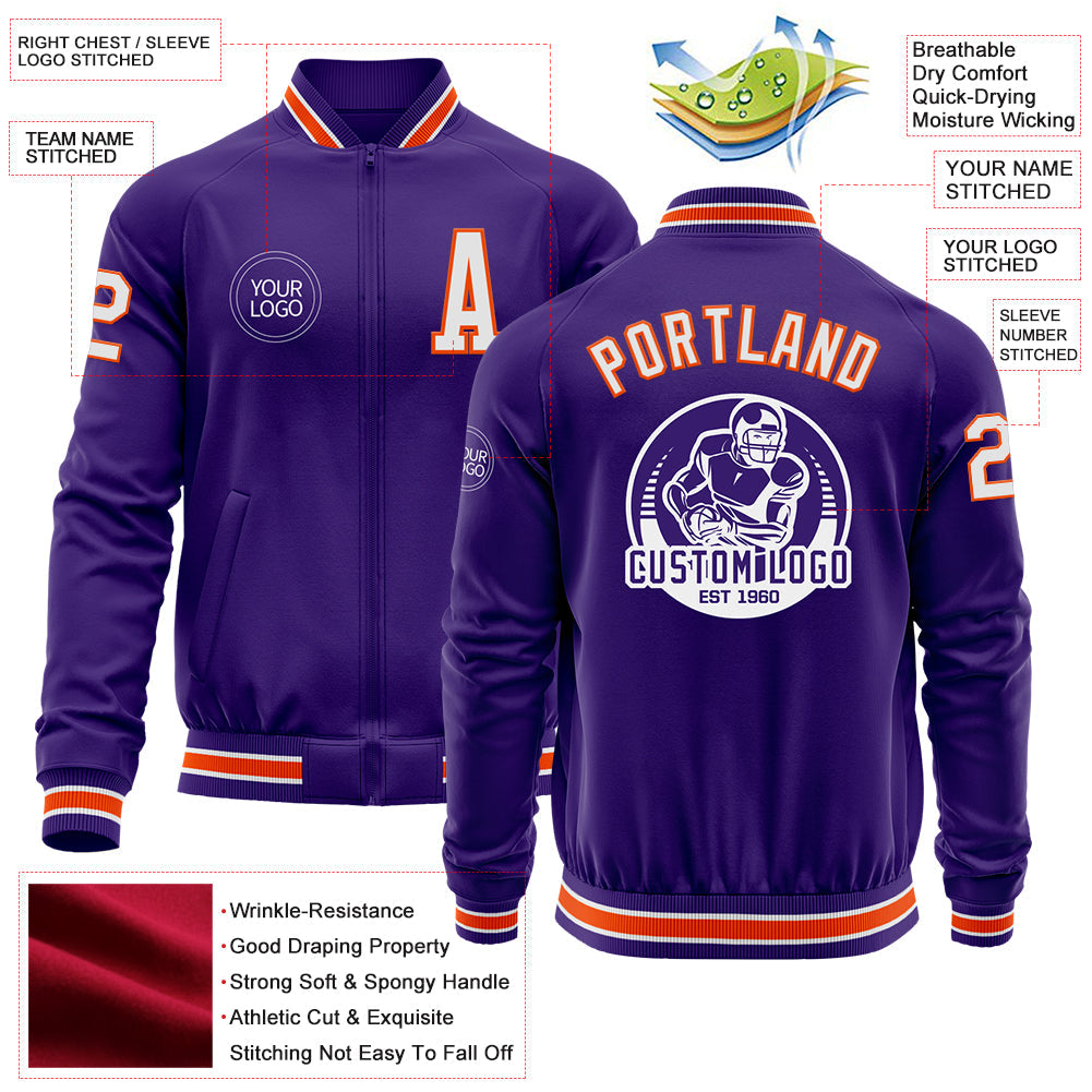 Custom Purple White-Orange Bomber Varsity Letterman Zipper Jacket view 4