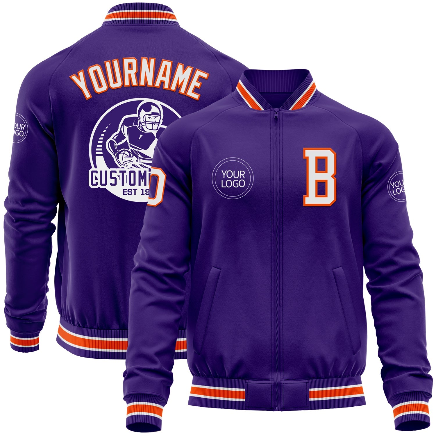 Custom Purple White-Orange Bomber Varsity Letterman Zipper Jacket - Main View