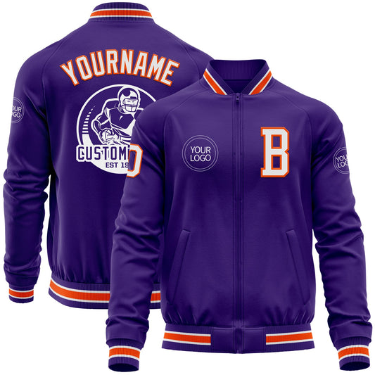 Custom Purple White-Orange Bomber Varsity Letterman Zipper Jacket - Main View