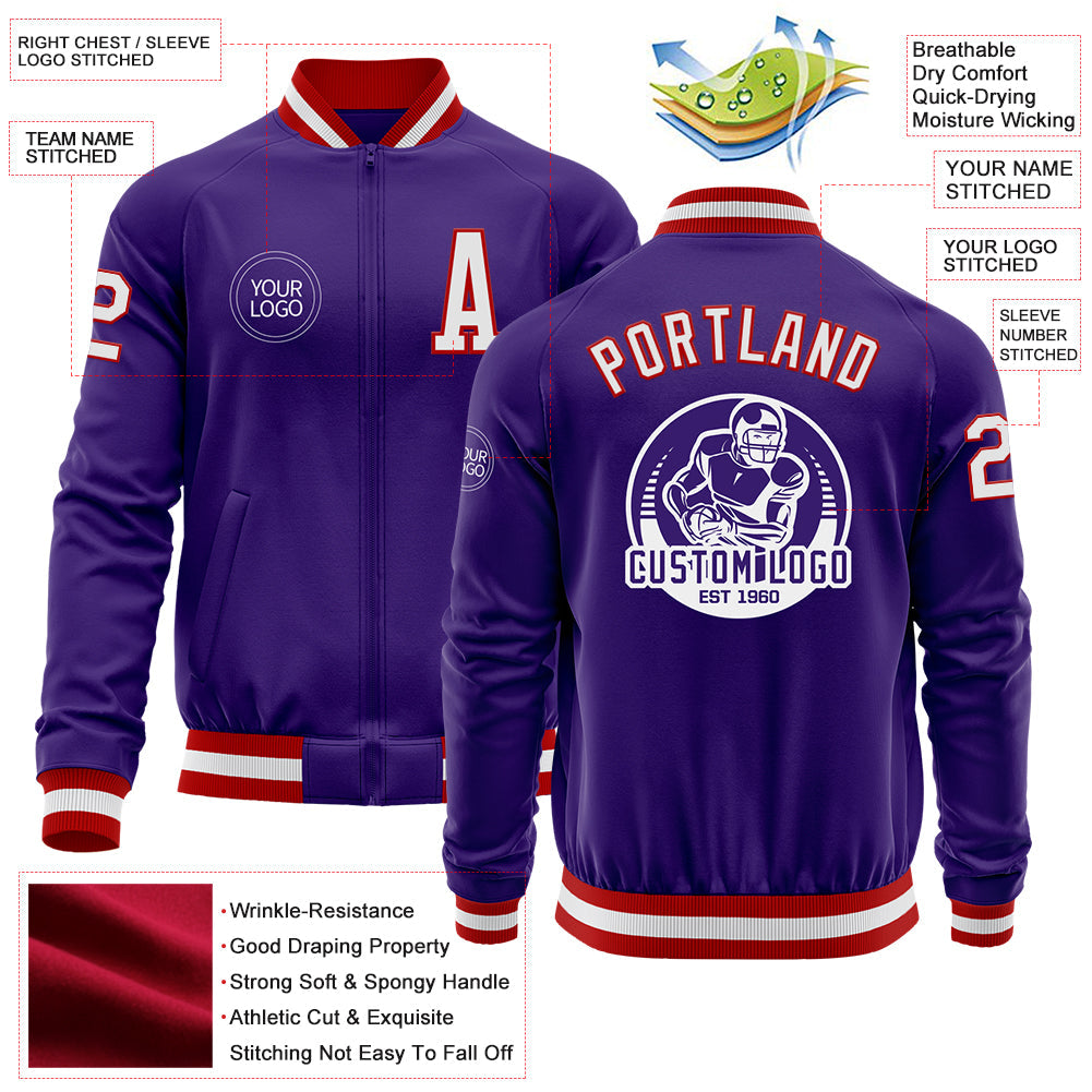 Custom Purple White-Red Bomber Varsity Letterman Zipper Jacket view 4