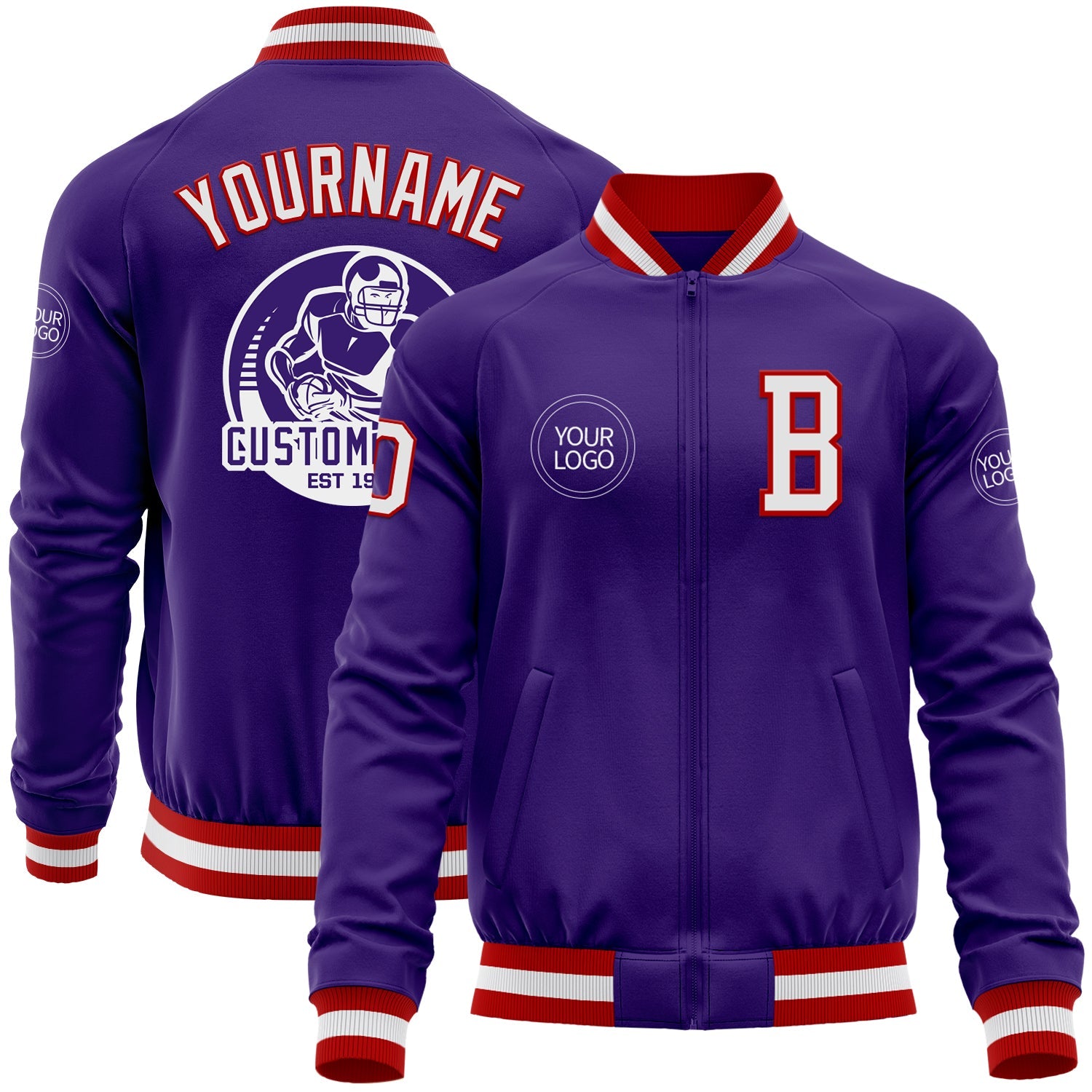 Custom Purple White-Red Bomber Varsity Letterman Zipper Jacket - Main View
