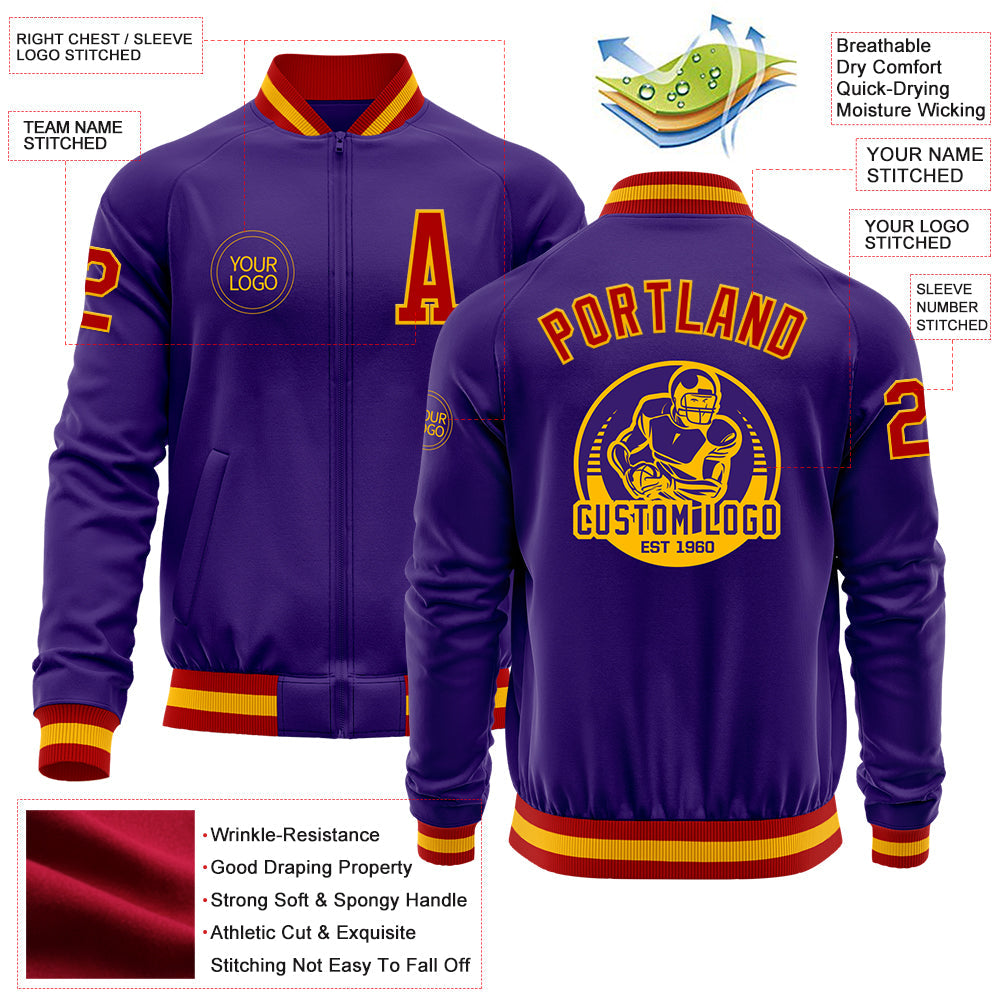 Custom Purple Red-Gold Bomber Varsity Letterman Zipper Jacket view 4