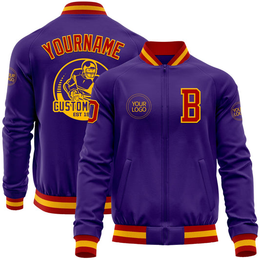 Custom Purple Red-Gold Bomber Varsity Letterman Zipper Jacket - Main View