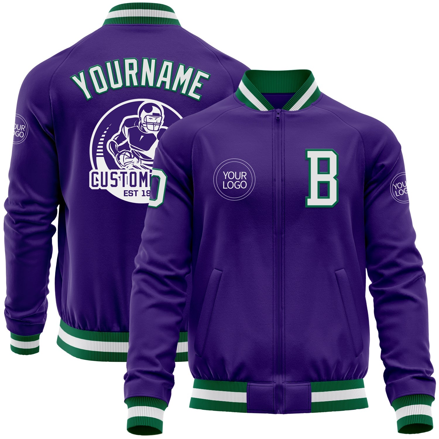 Custom Purple White-Kelly Green Bomber Varsity Letterman Zipper Jacket - Main View