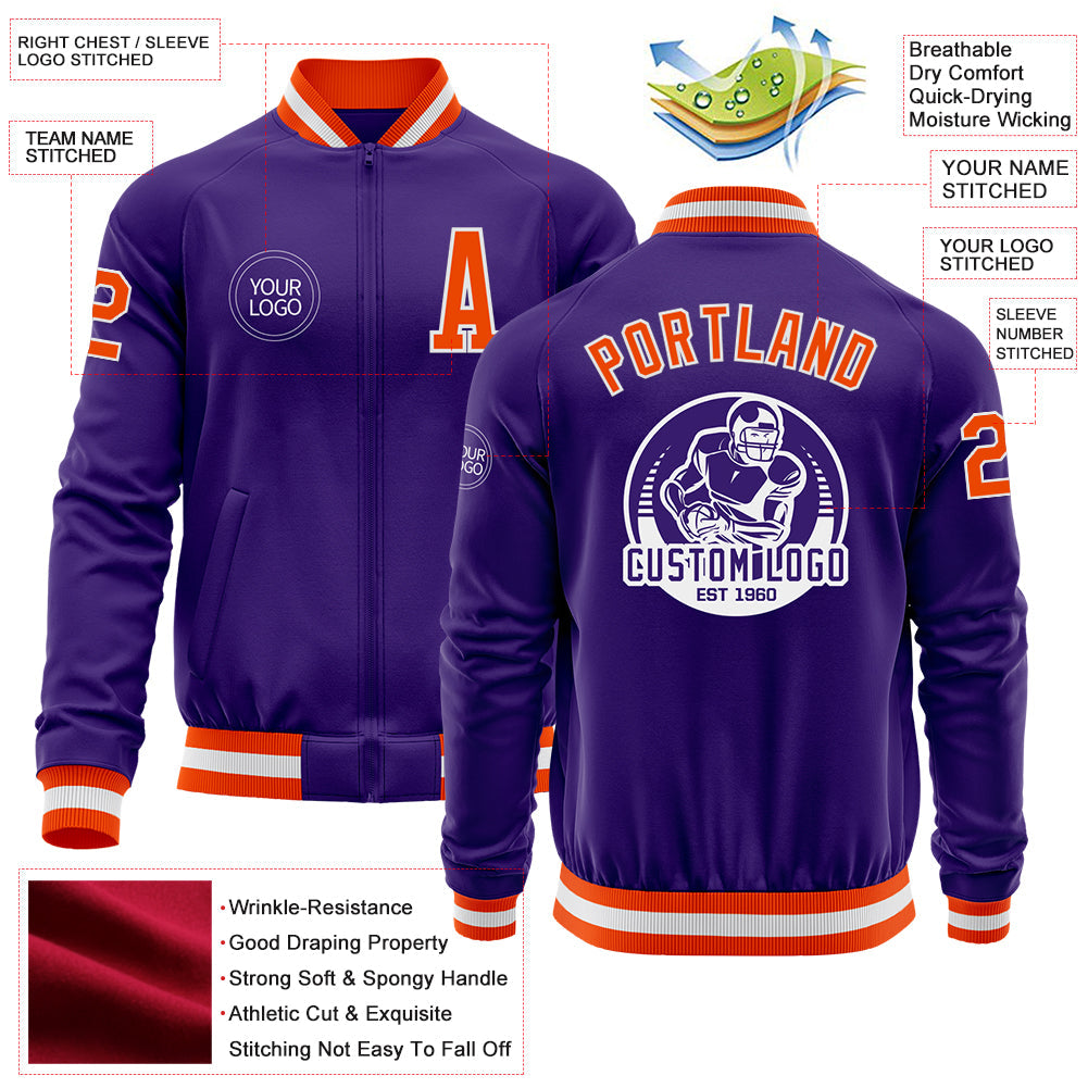 Custom Purple Orange-White Bomber Varsity Letterman Zipper Jacket view 4