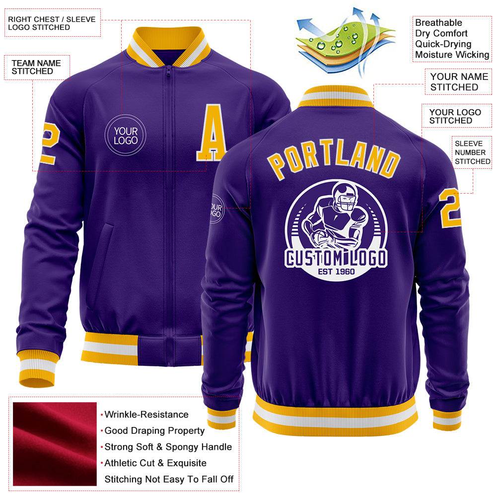 Custom Purple Gold-White Bomber Varsity Letterman Zipper Jacket view 4