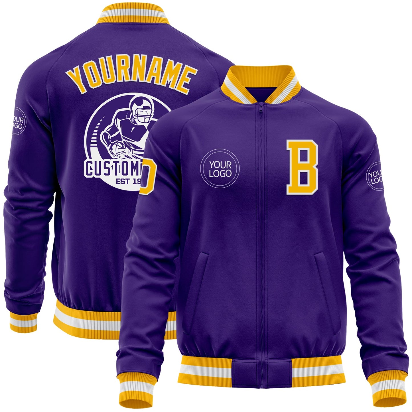 Custom Purple Gold-White Bomber Varsity Letterman Zipper Jacket - Main View