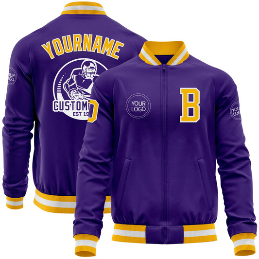 Custom Purple Gold-White Bomber Varsity Letterman Zipper Jacket - Main View