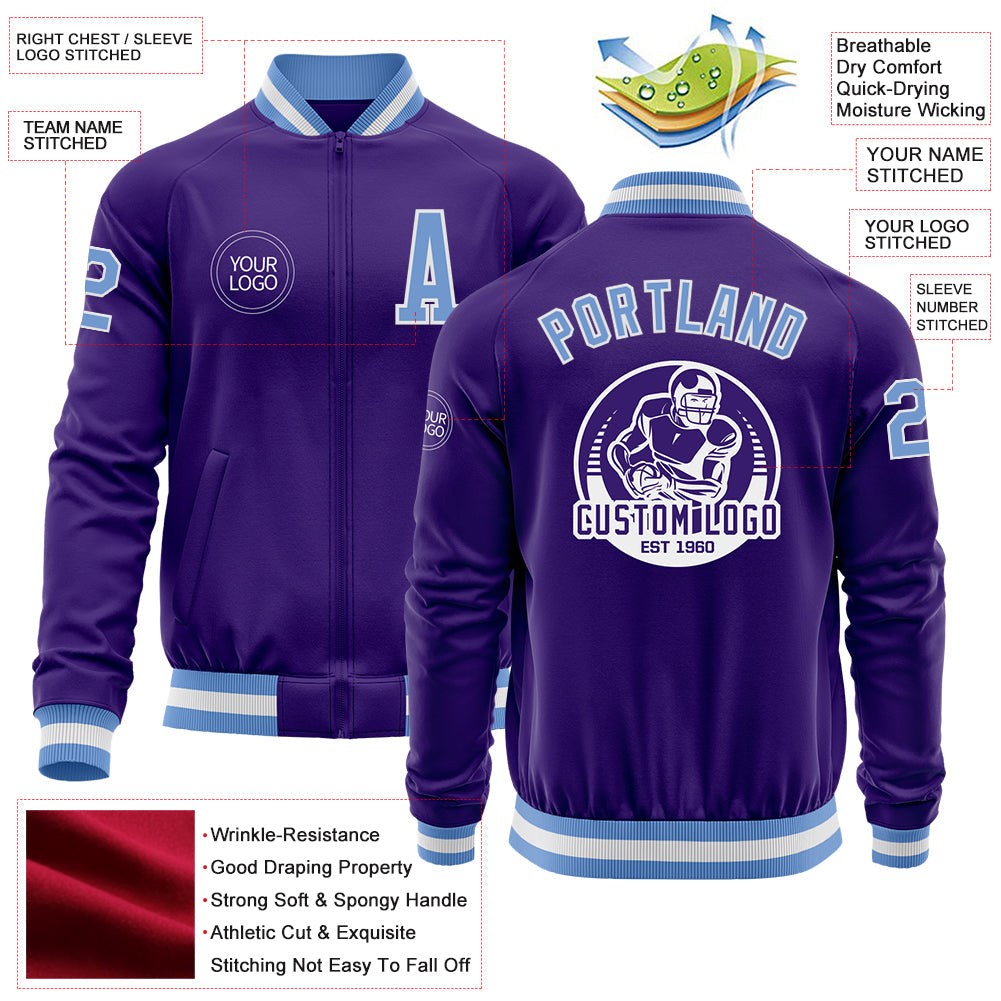 Custom Purple Light Blue-White Bomber Varsity Letterman Zipper Jacket view 4