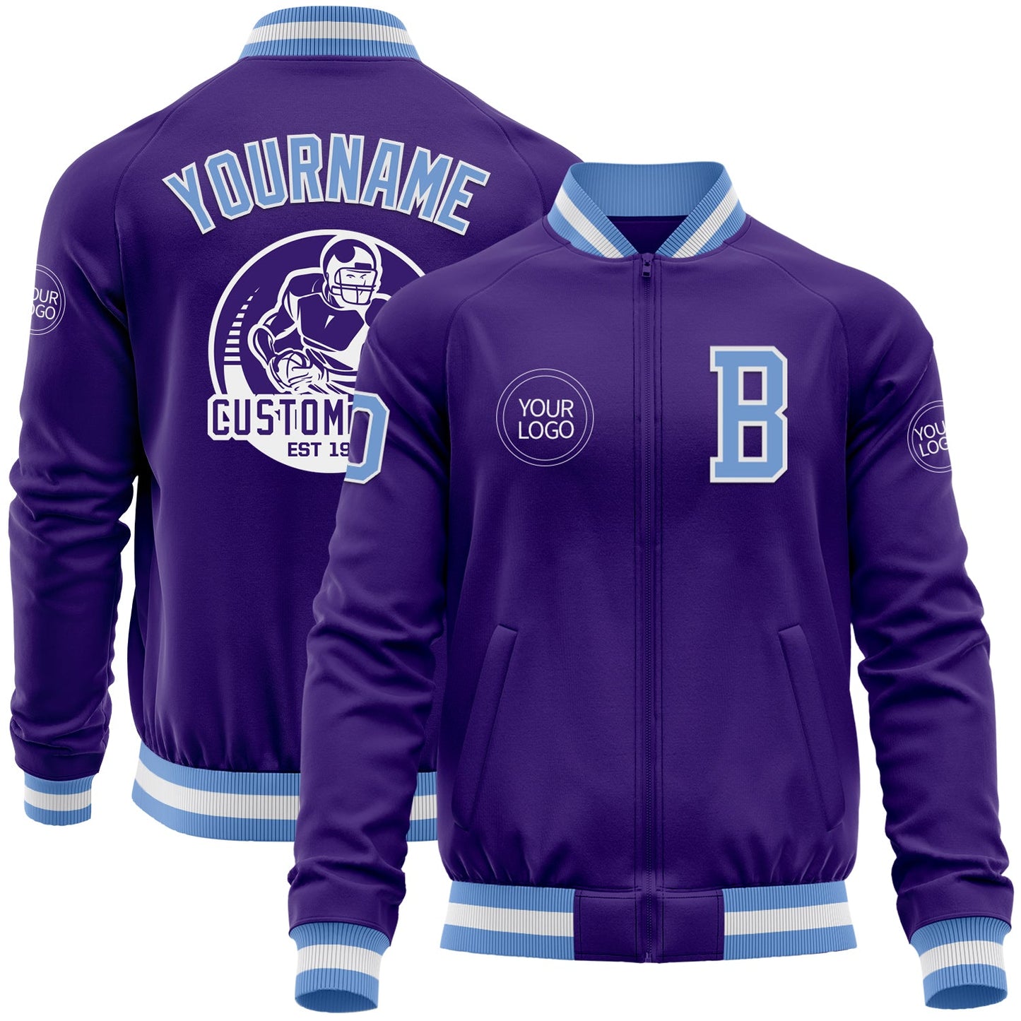 Custom Purple Light Blue-White Bomber Varsity Letterman Zipper Jacket - Main View