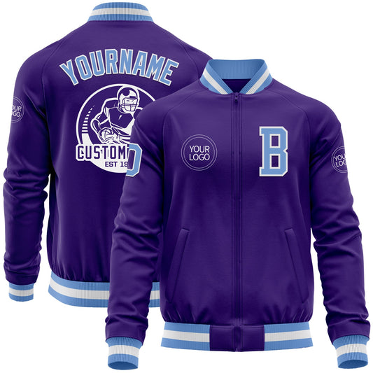 Custom Purple Light Blue-White Bomber Varsity Letterman Zipper Jacket - Main View