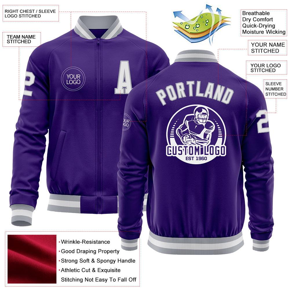 Custom Purple White-Gray Bomber Varsity Letterman Zipper Jacket view 4