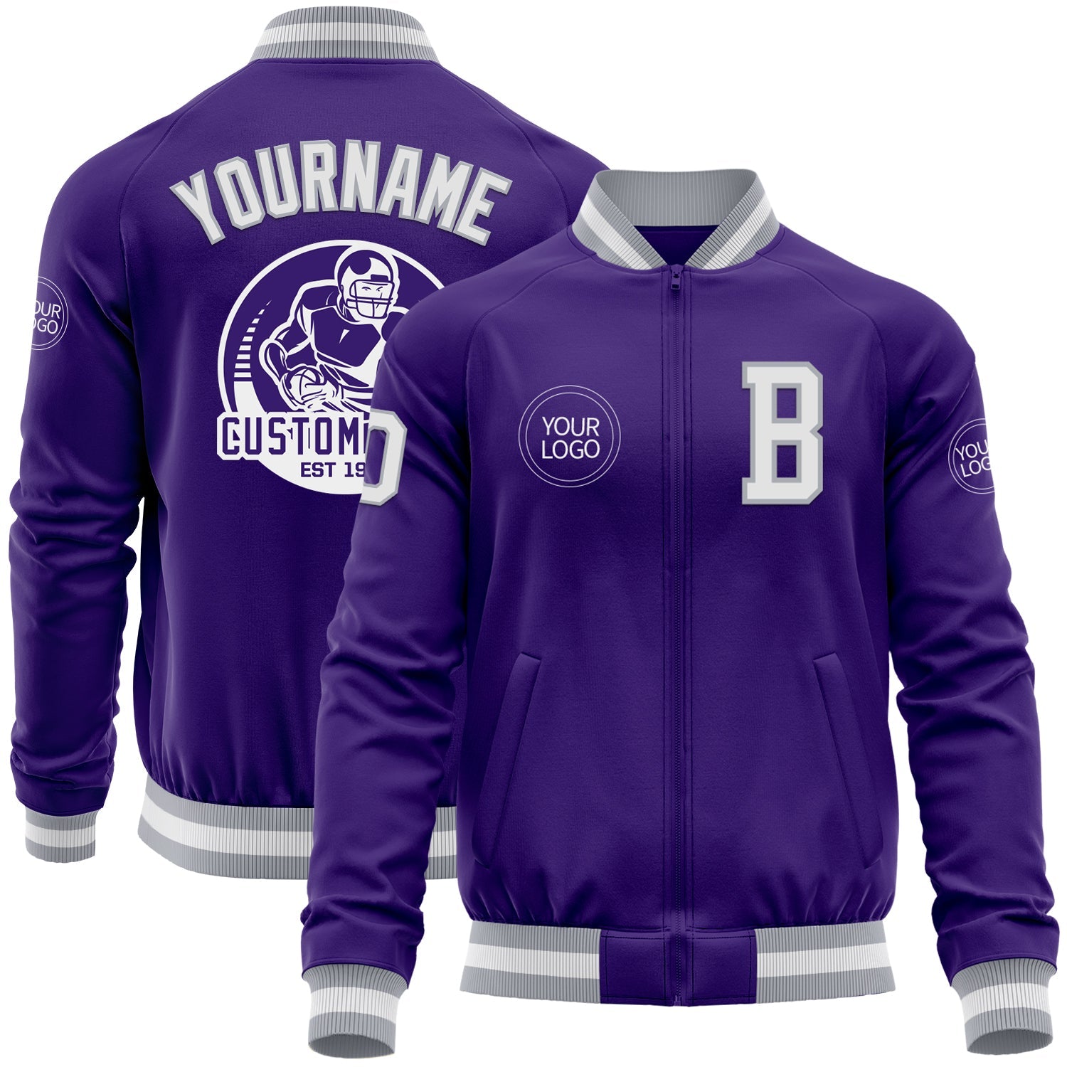 Custom Purple White-Gray Bomber Varsity Letterman Zipper Jacket - Main View