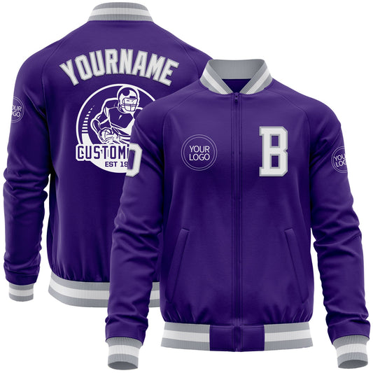 Custom Purple White-Gray Bomber Varsity Letterman Zipper Jacket - Main View