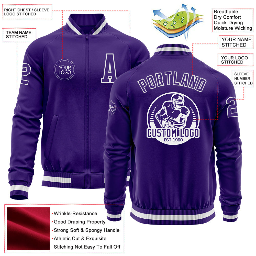 Custom Purple White Bomber Varsity Letterman Zipper Jacket view 4