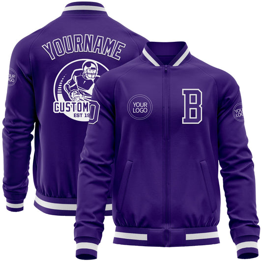 Custom Purple White Bomber Varsity Letterman Zipper Jacket - Main View