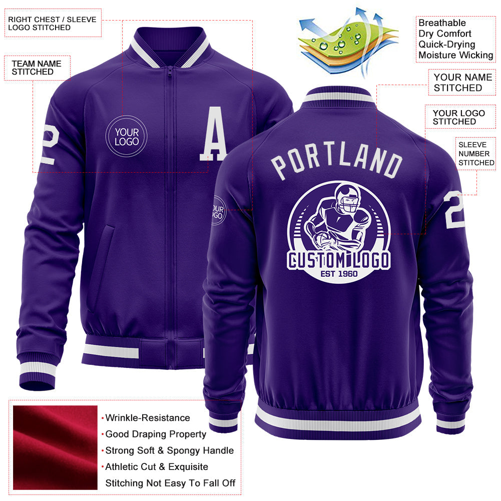 Custom Purple White Bomber Varsity Letterman Zipper Jacket view 4