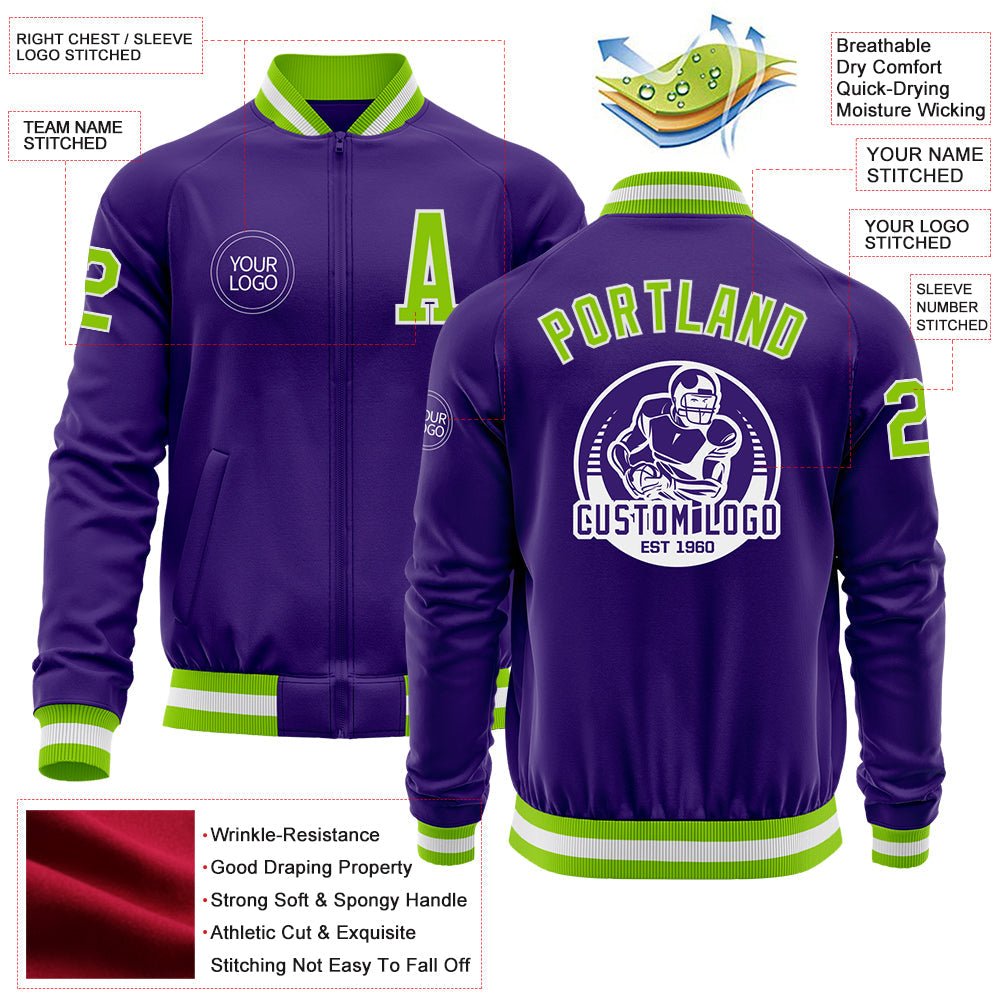 Custom Purple Neon Green-White Bomber Varsity Letterman Zipper Jacket view 4